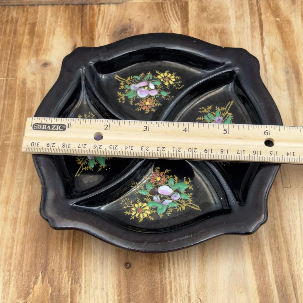 Vtg Japanese Pottery Black Floral Divided Serving Trinket Dish  Square Scalloped